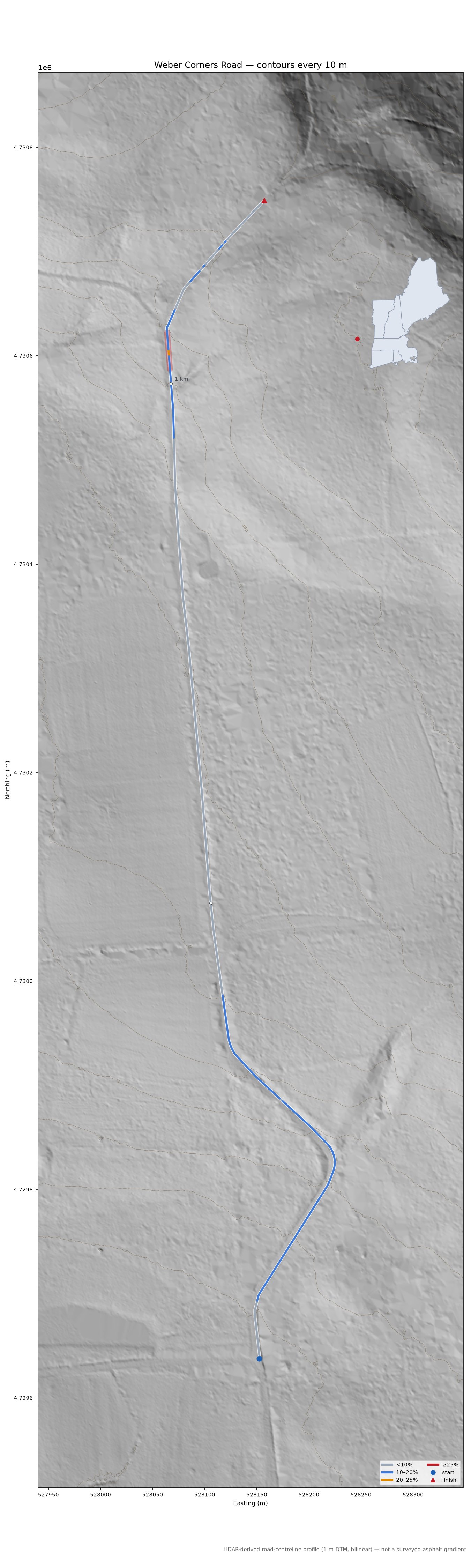 Weber Corners Road LiDAR hillshade map with contours
