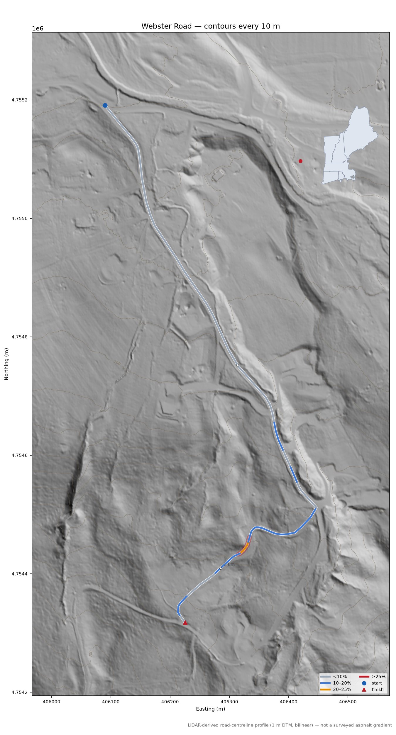 Webster Road LiDAR hillshade map with contours