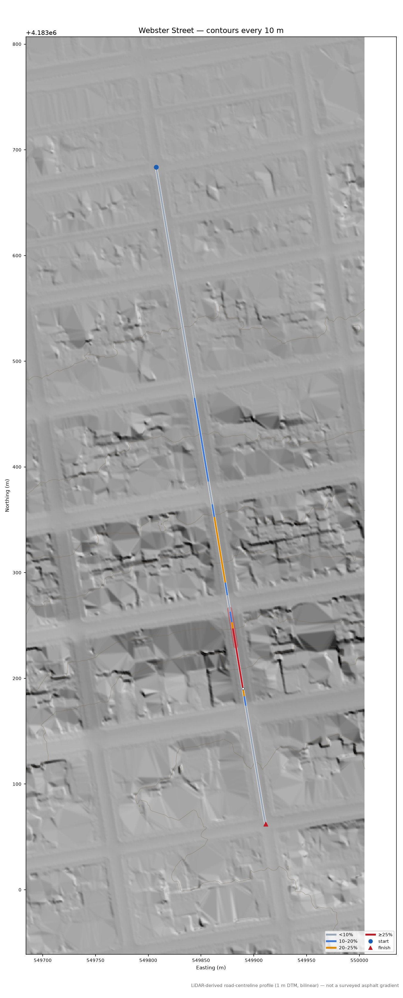 Webster Street LiDAR hillshade map with contours