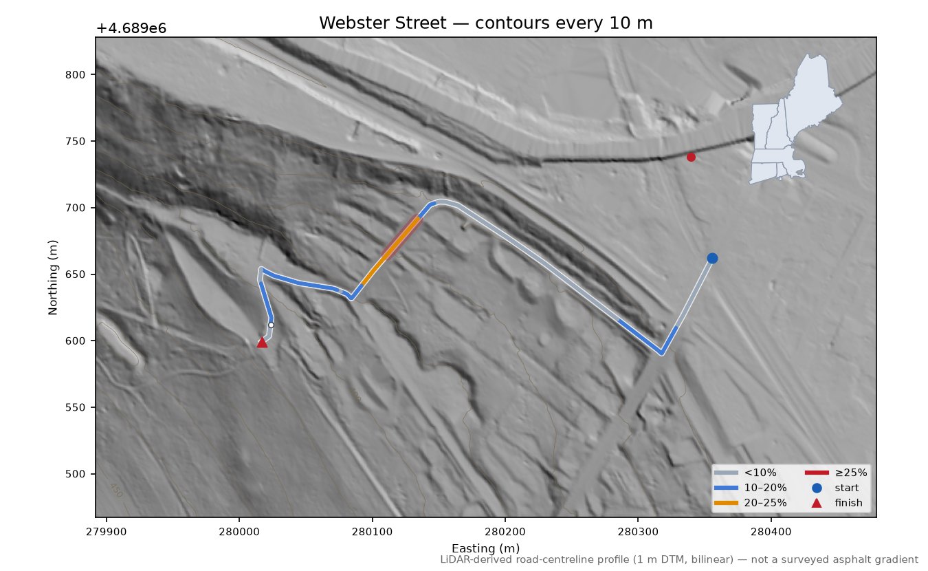 Webster Street LiDAR hillshade map with contours