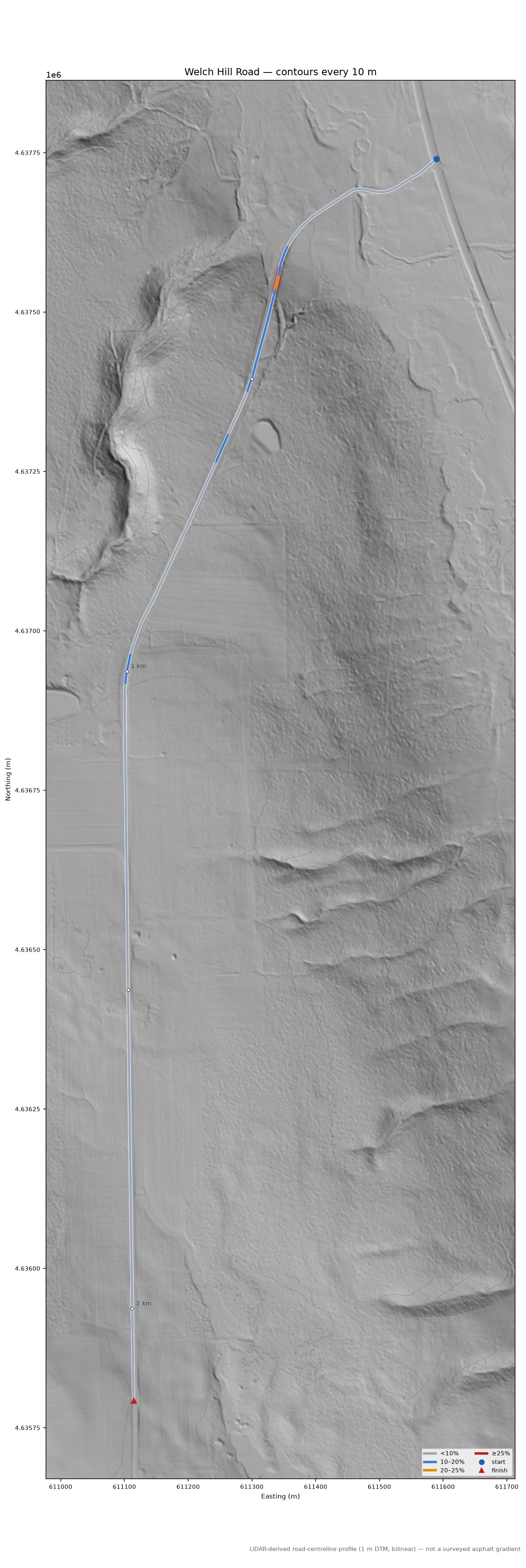 Welch Hill Road LiDAR hillshade map with contours