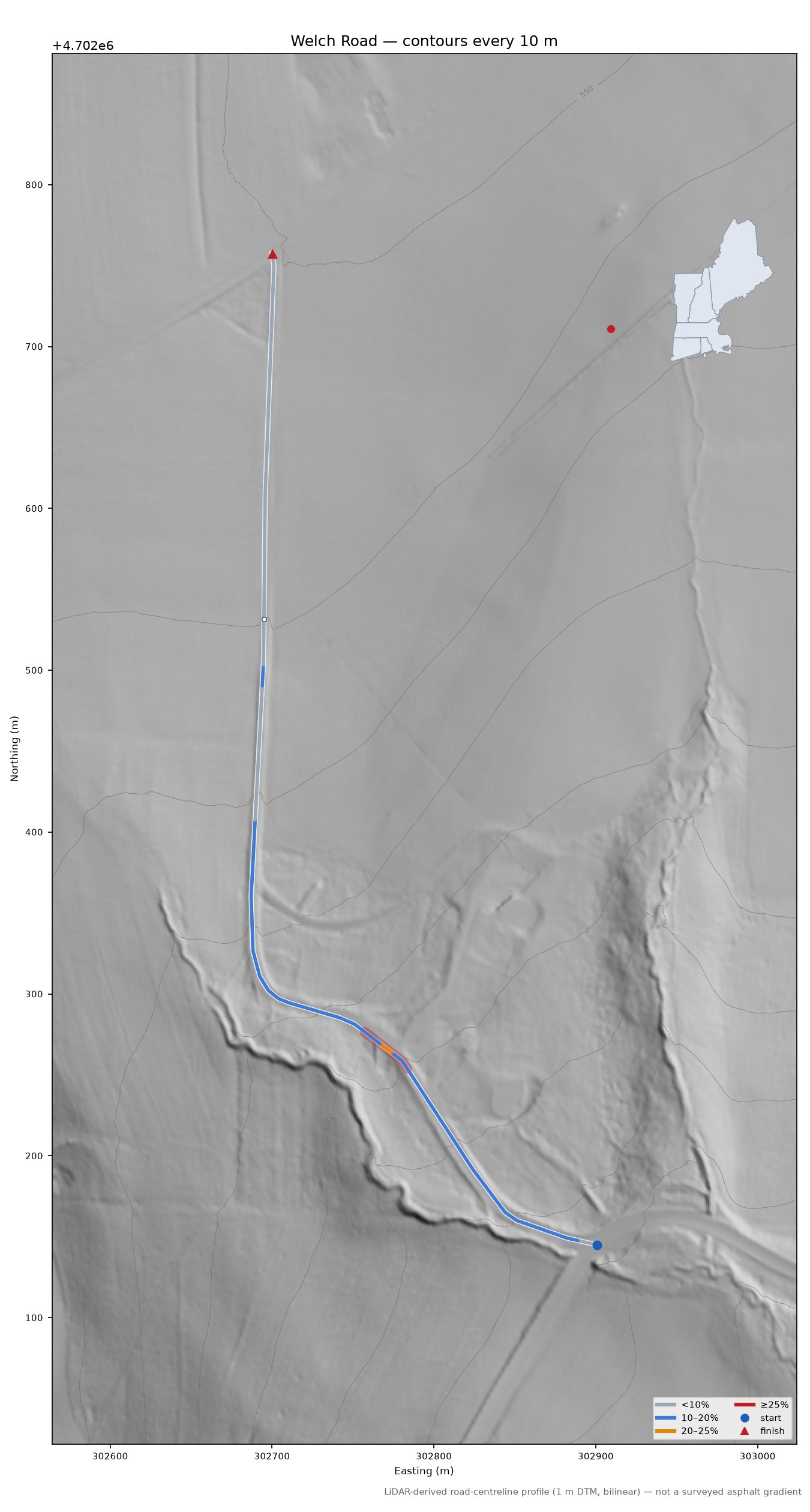 Welch Road LiDAR hillshade map with contours