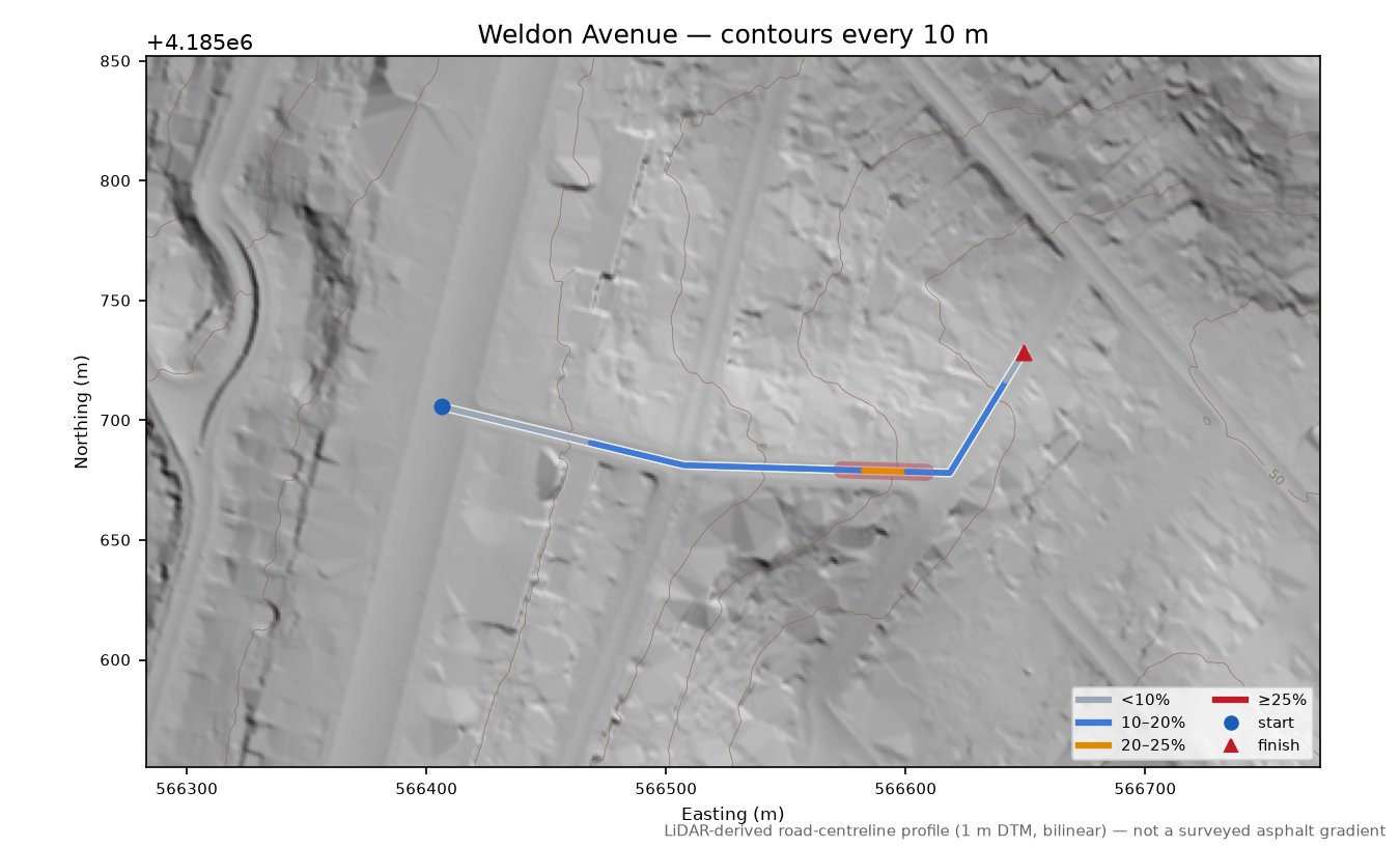 Weldon Avenue LiDAR hillshade map with contours