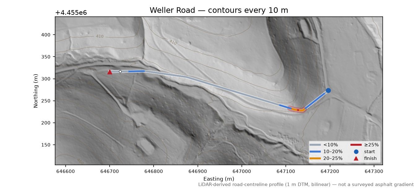 Weller Road LiDAR hillshade map with contours