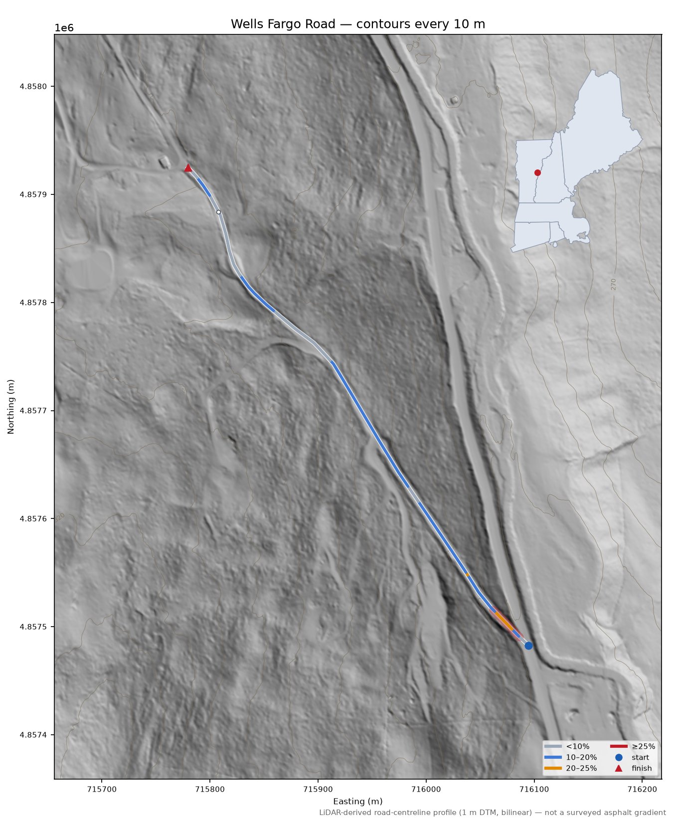 Wells Fargo Road LiDAR hillshade map with contours