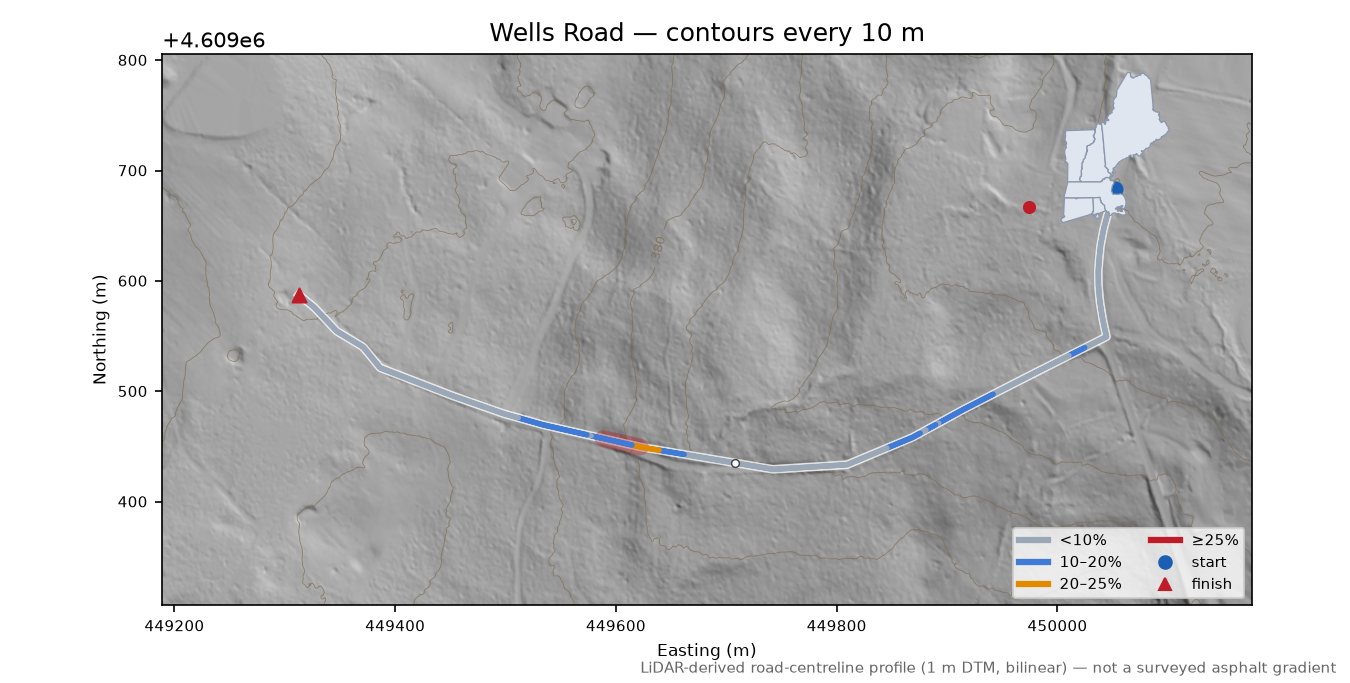 Wells Road LiDAR hillshade map with contours