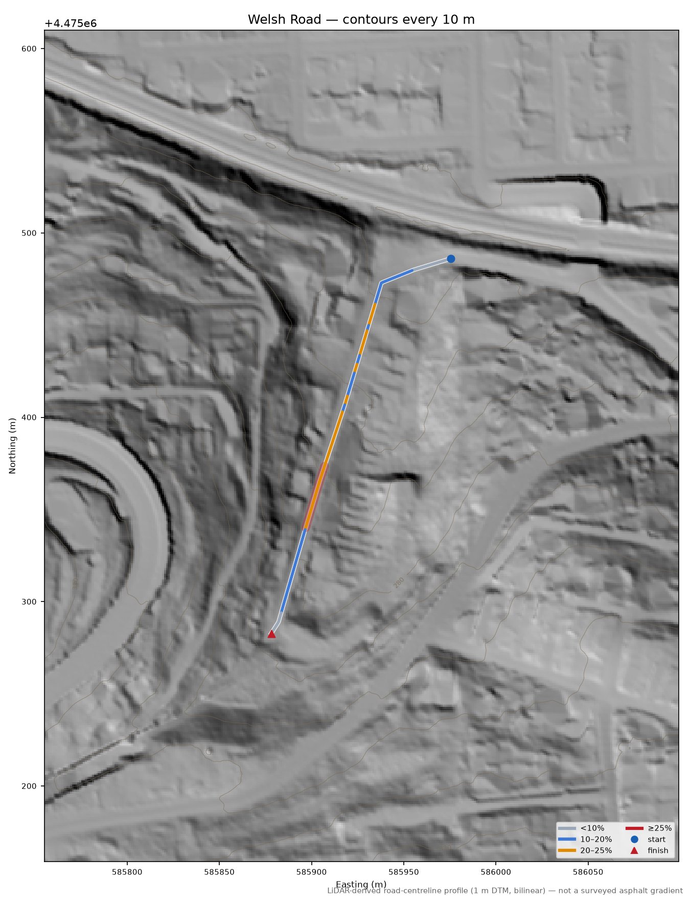 Welsh Road LiDAR hillshade map with contours