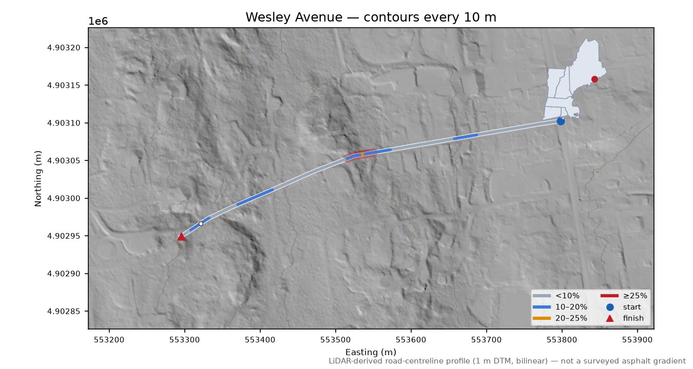 Wesley Avenue LiDAR hillshade map with contours