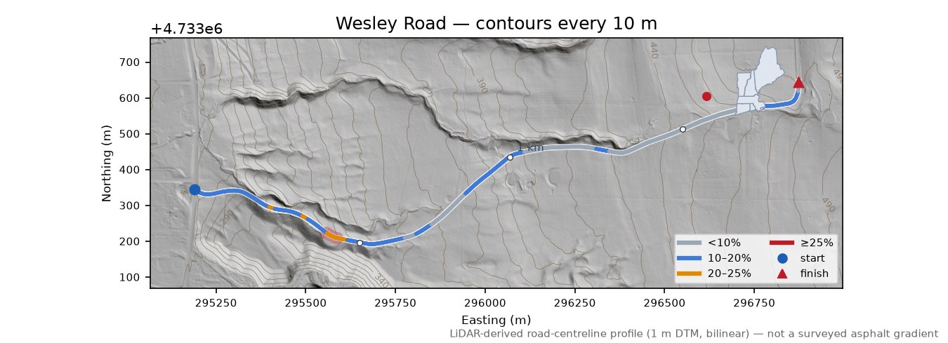 Wesley Road LiDAR hillshade map with contours