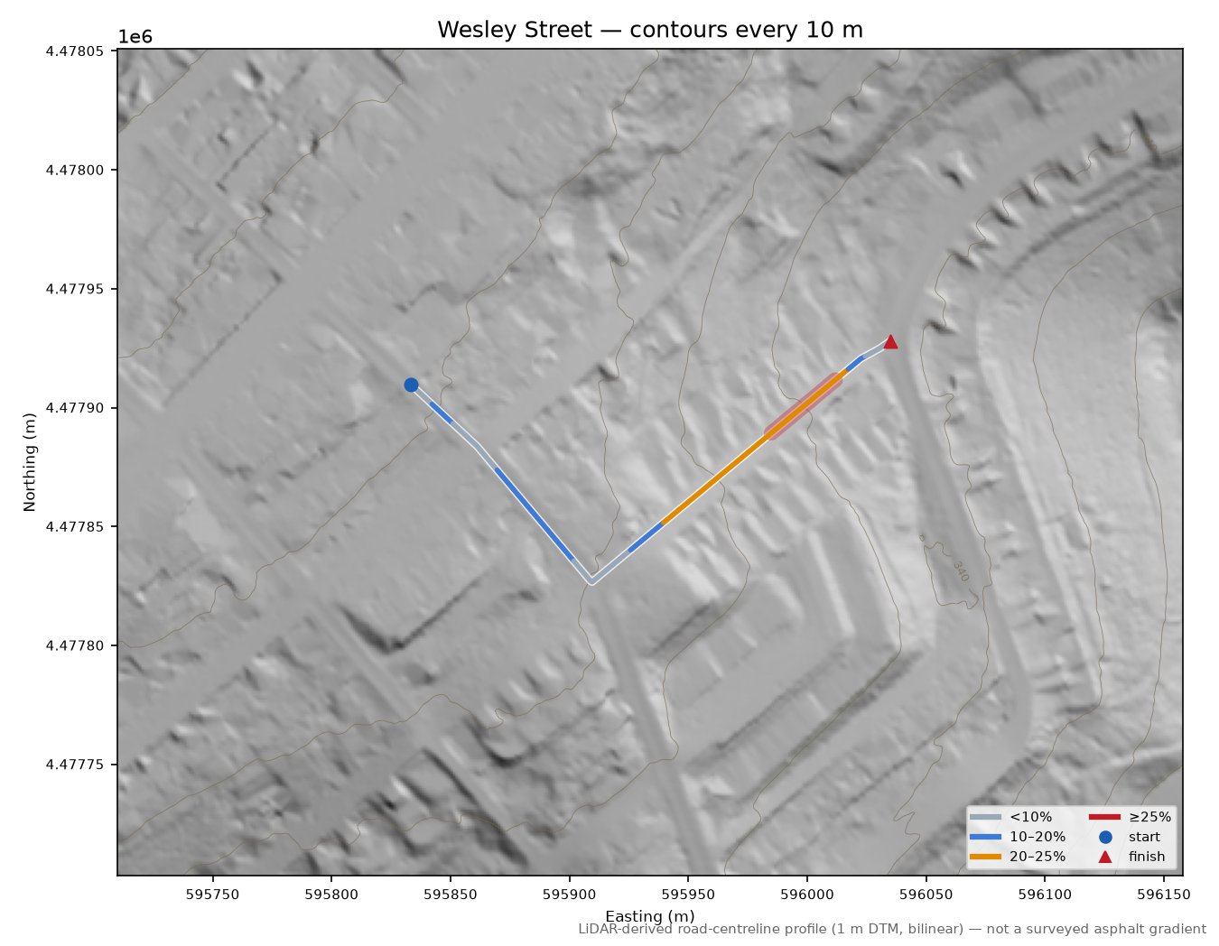 Wesley Street LiDAR hillshade map with contours