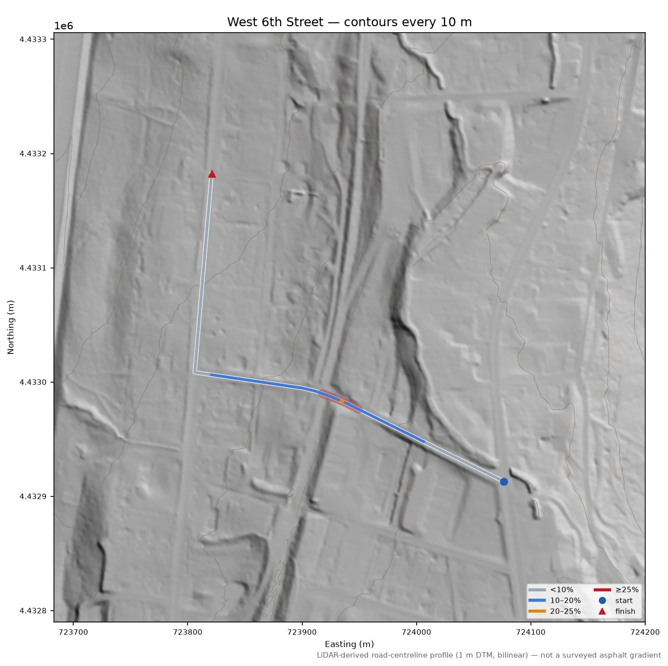West 6th Street LiDAR hillshade map with contours