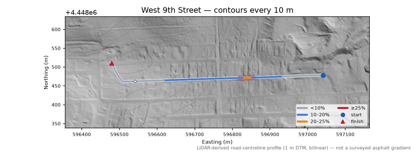 West 9th Street LiDAR hillshade map with contours