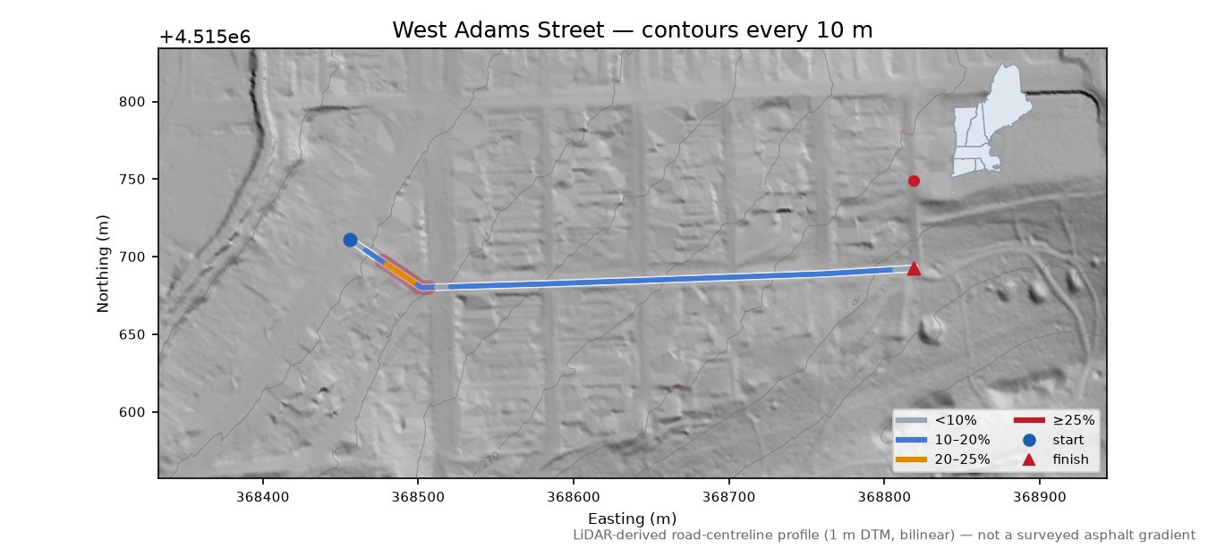 West Adams Street LiDAR hillshade map with contours