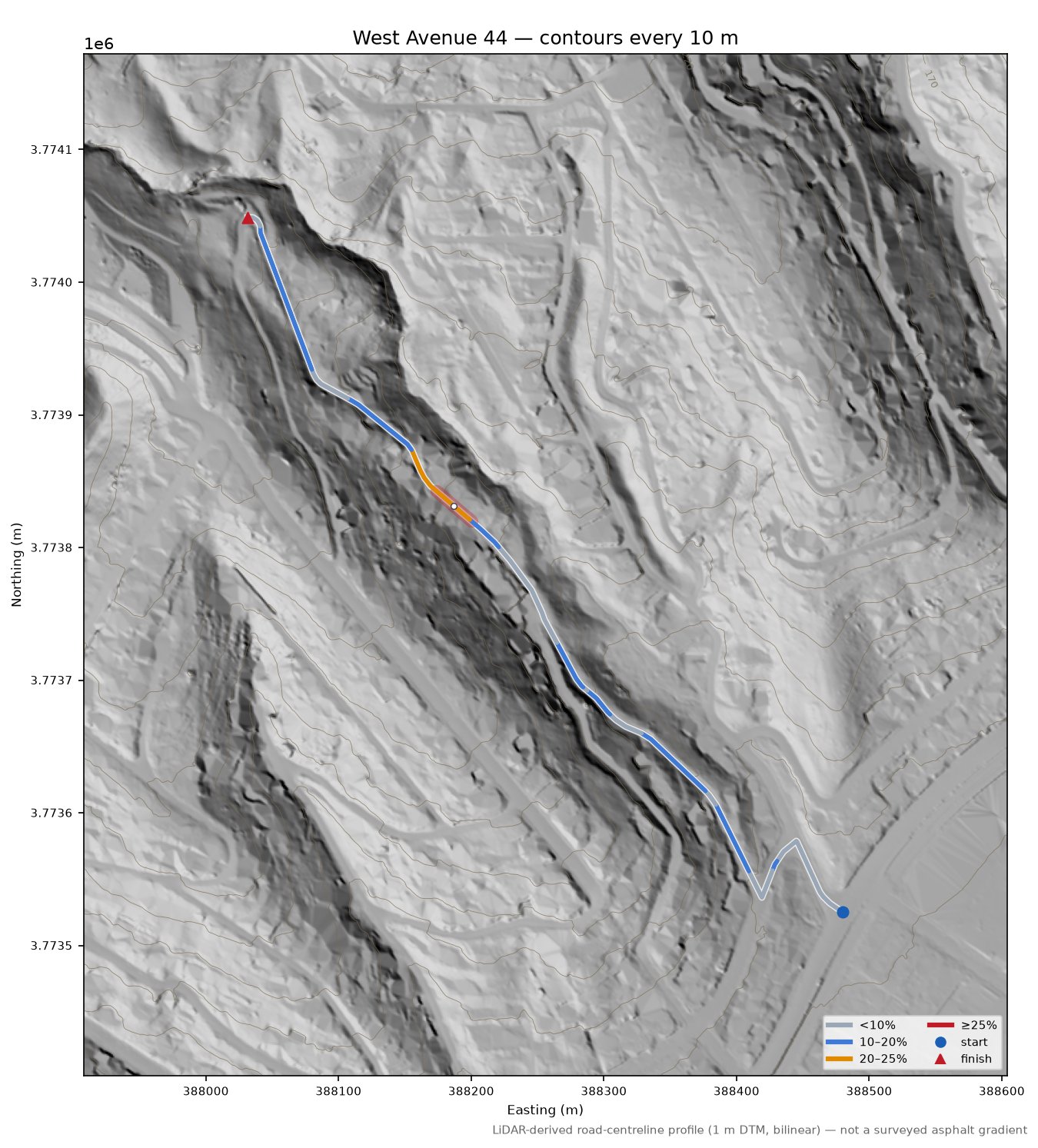 West Avenue 44 LiDAR hillshade map with contours