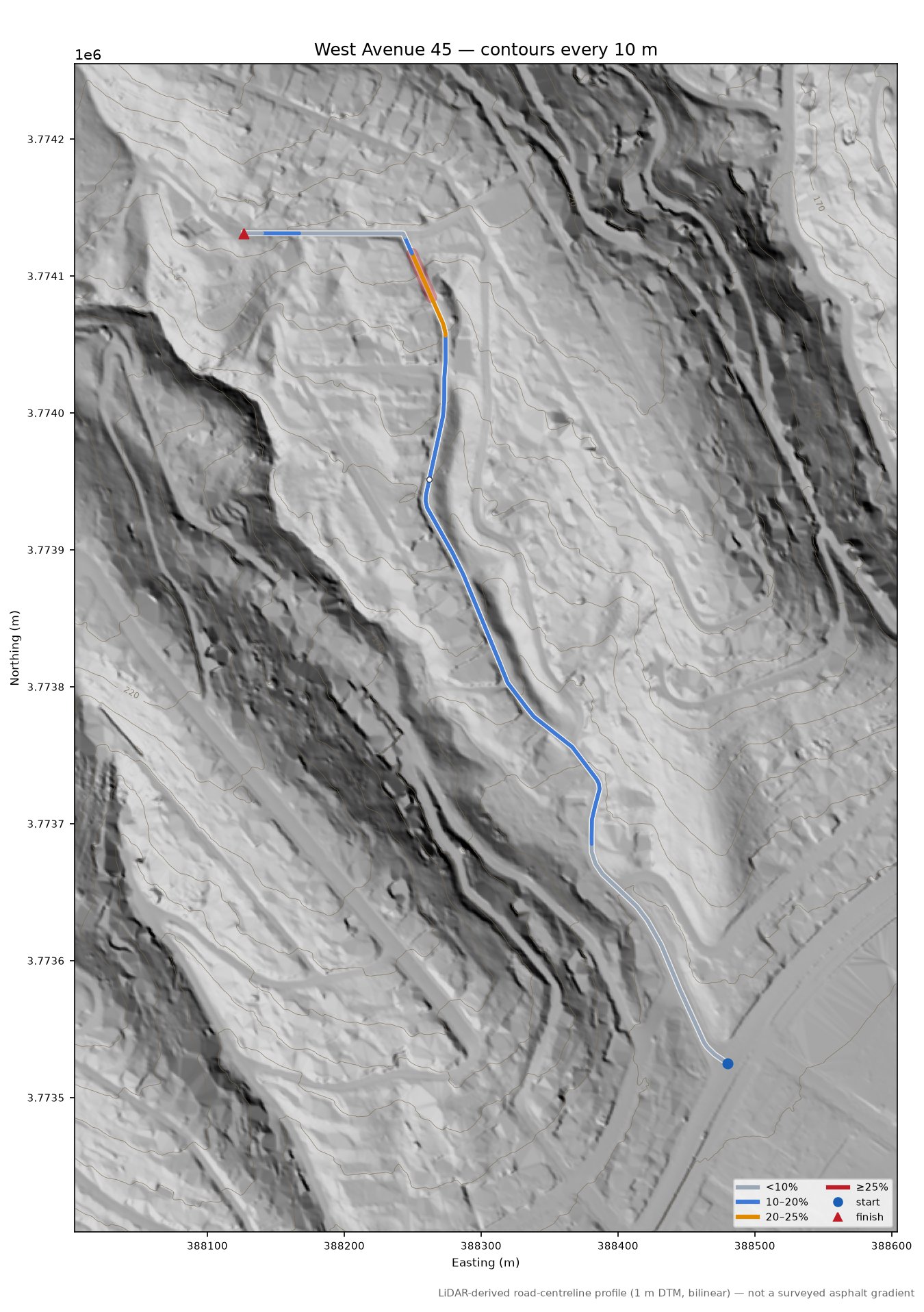 West Avenue 45 LiDAR hillshade map with contours