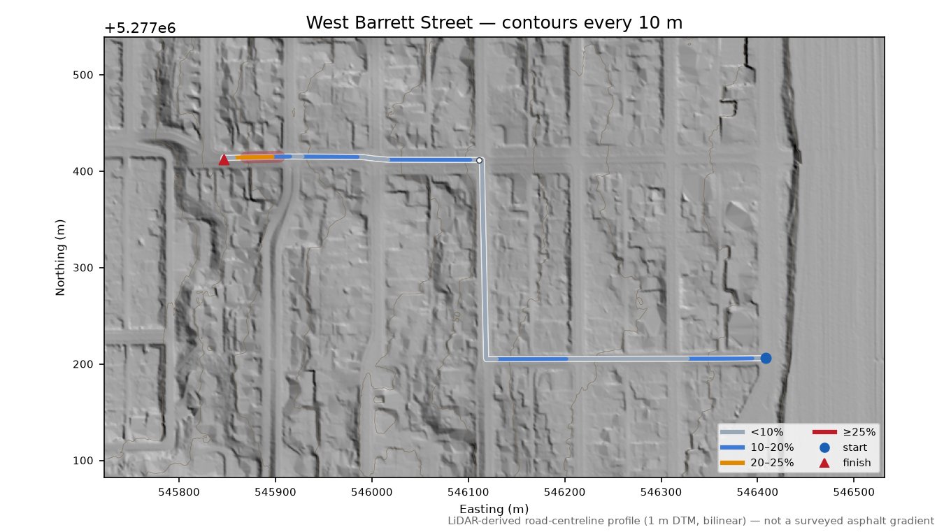 West Dravus Street LiDAR hillshade map with contours