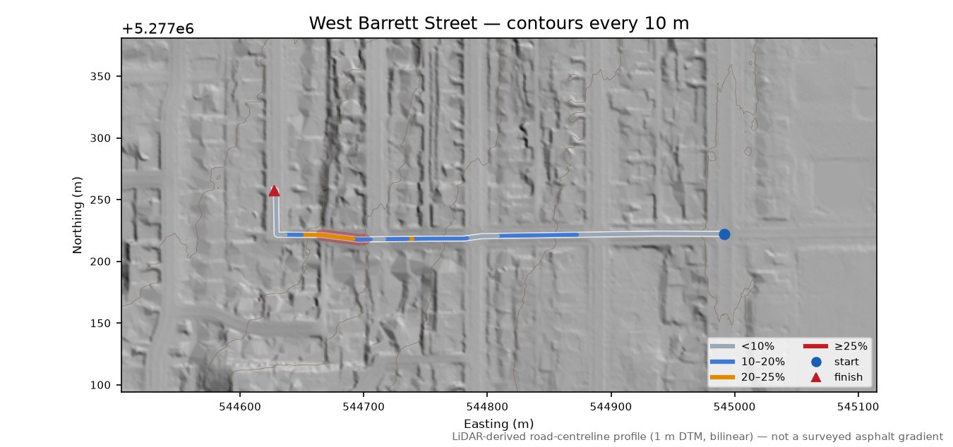 West Barrett Street LiDAR hillshade map with contours