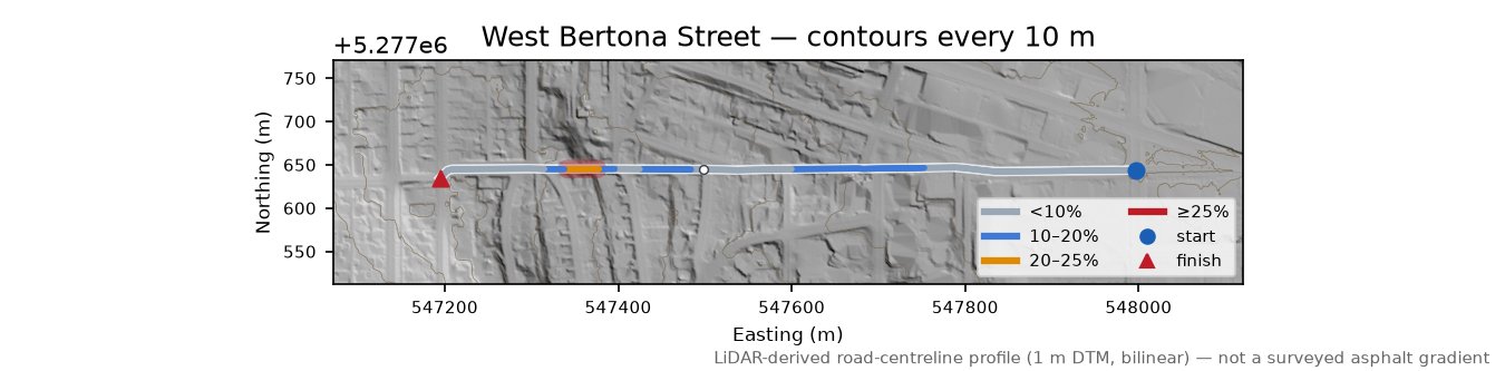 West Bertona Street LiDAR hillshade map with contours
