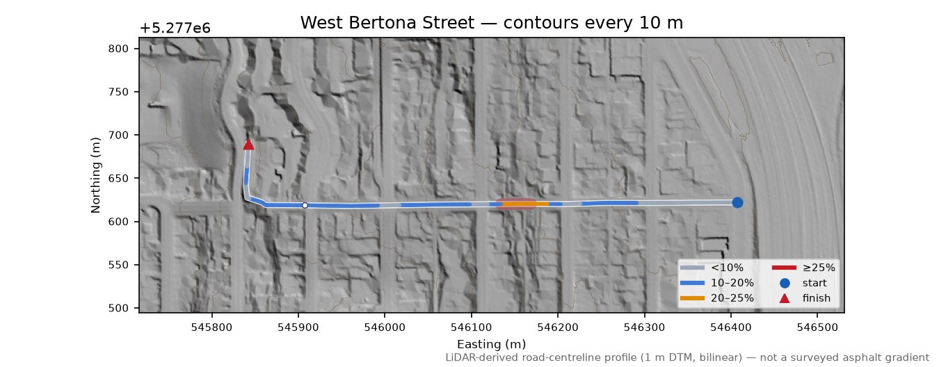 West Bertona Street LiDAR hillshade map with contours