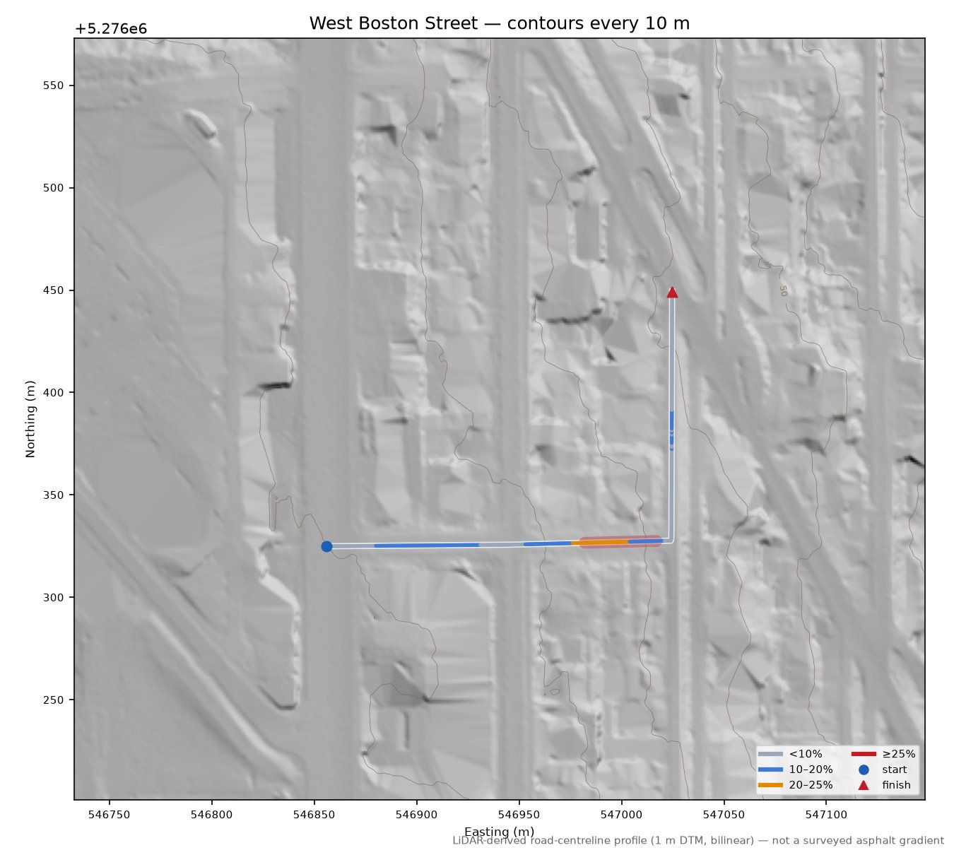 West Boston Street LiDAR hillshade map with contours