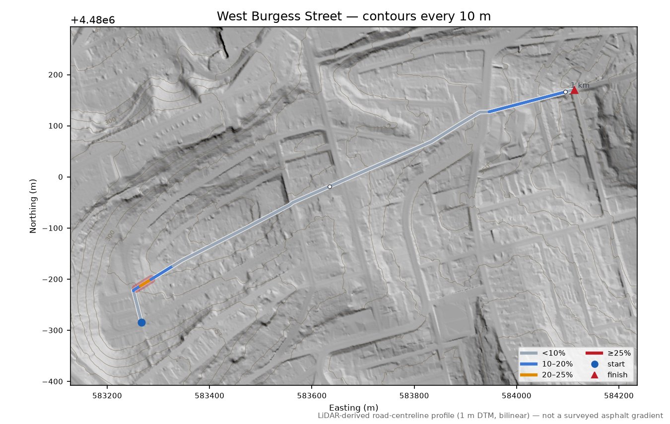 West Burgess Street LiDAR hillshade map with contours
