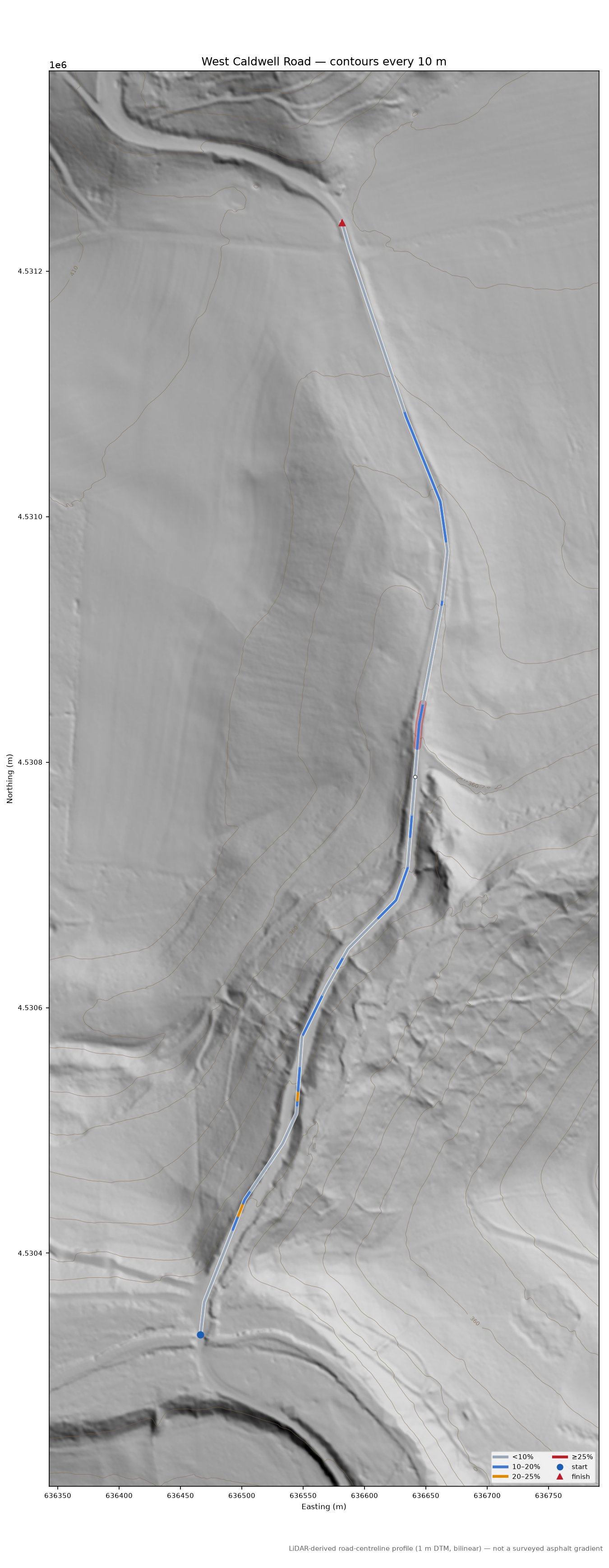 West Caldwell Road LiDAR hillshade map with contours