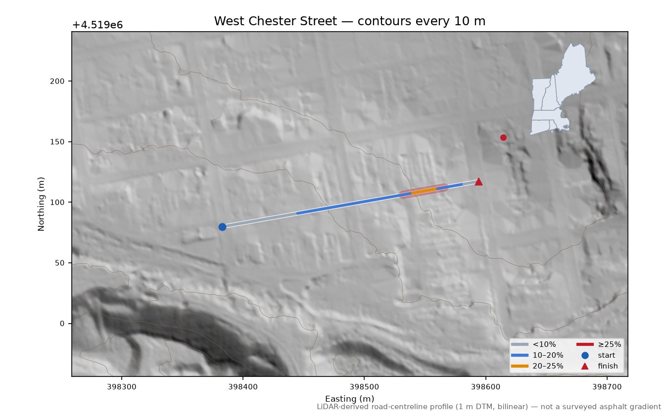 West Chester Street LiDAR hillshade map with contours