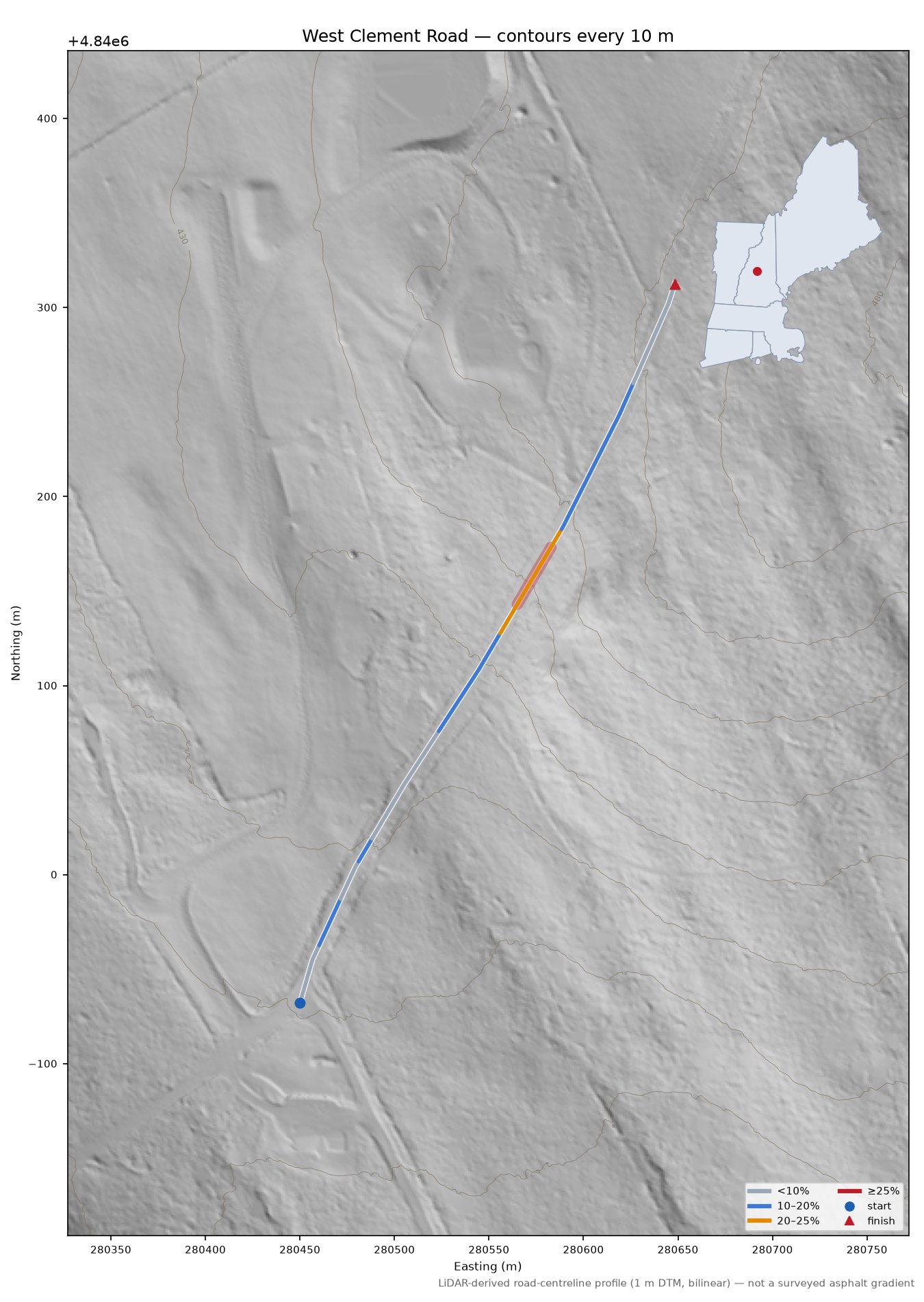 West Clement Road LiDAR hillshade map with contours