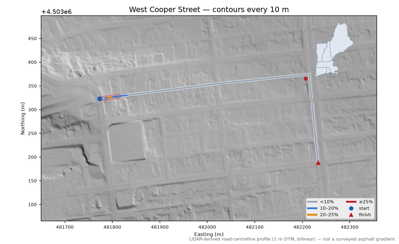 West Cooper Street LiDAR hillshade map with contours