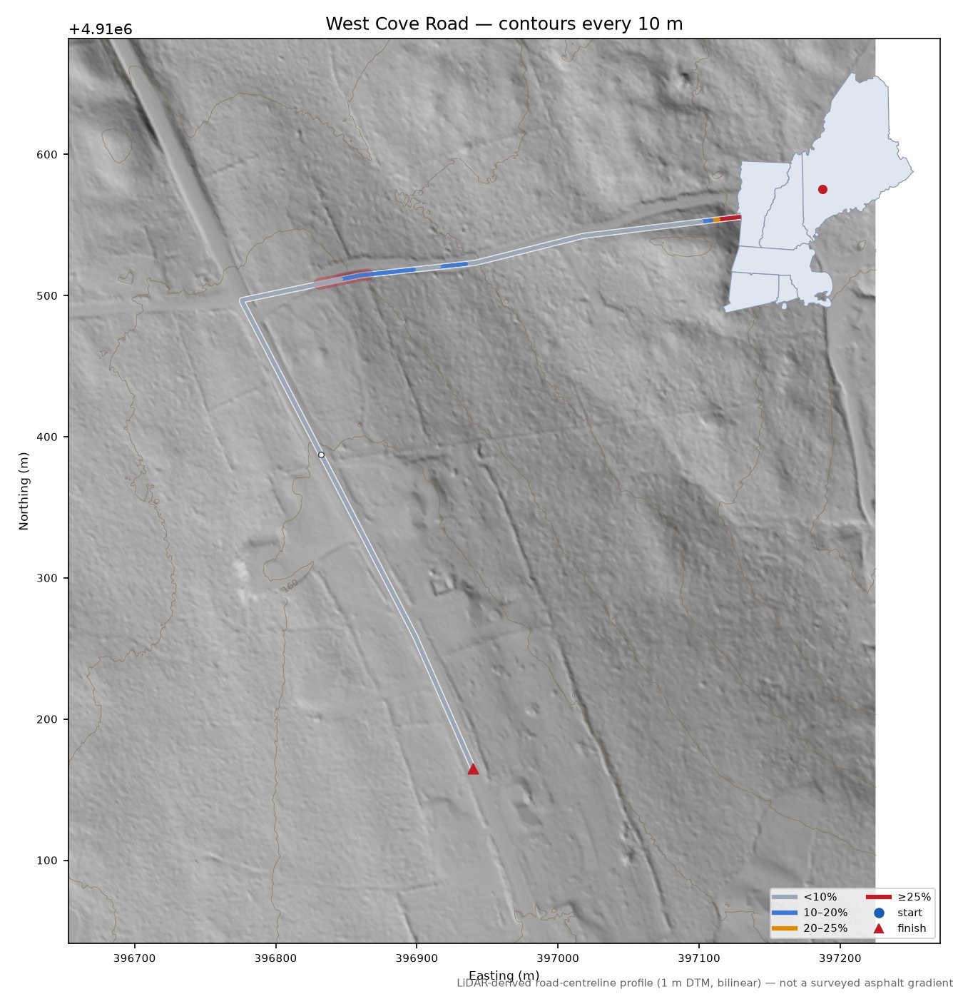 West Cove Road LiDAR hillshade map with contours