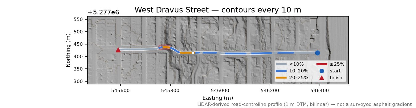 West Dravus Street LiDAR hillshade map with contours