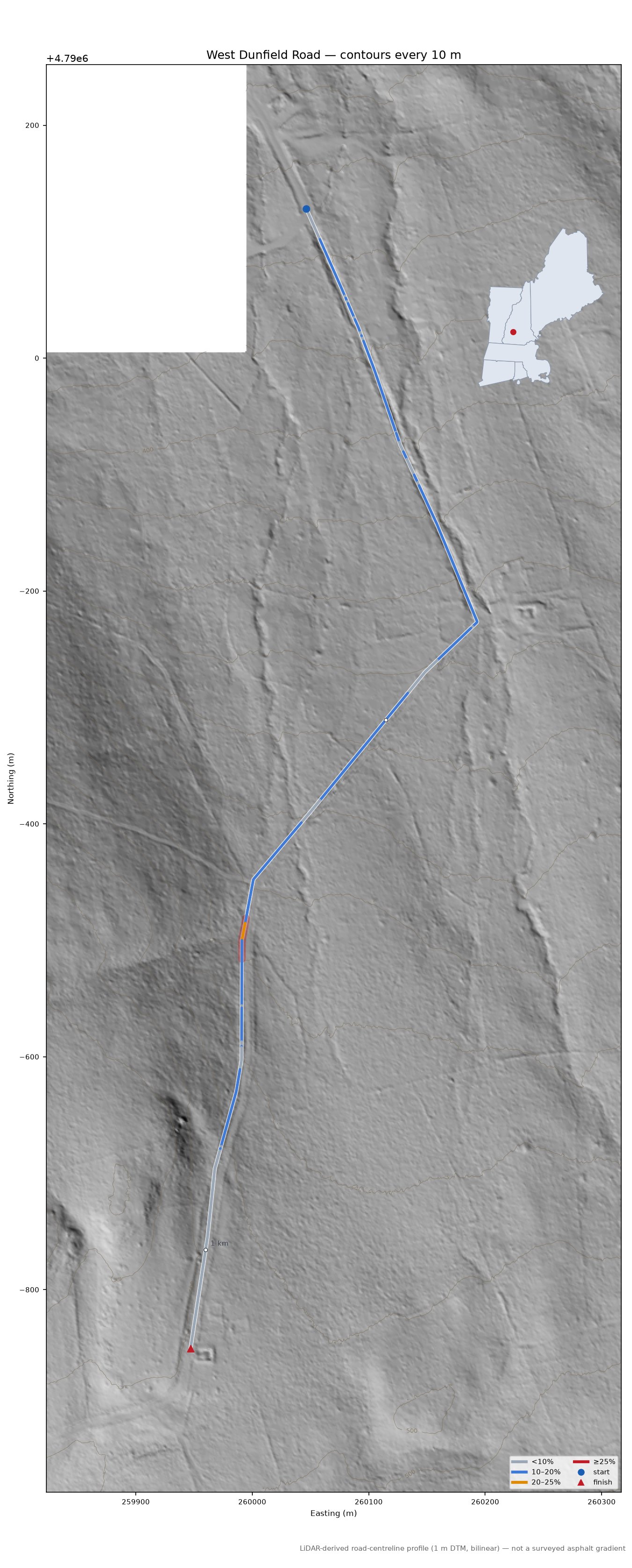West Dunfield Road LiDAR hillshade map with contours