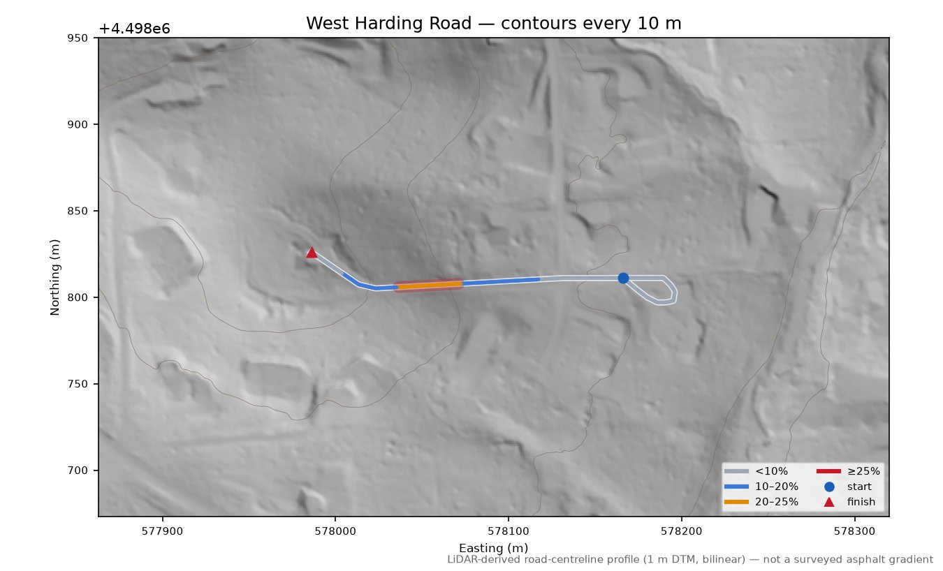 West Harding Road LiDAR hillshade map with contours