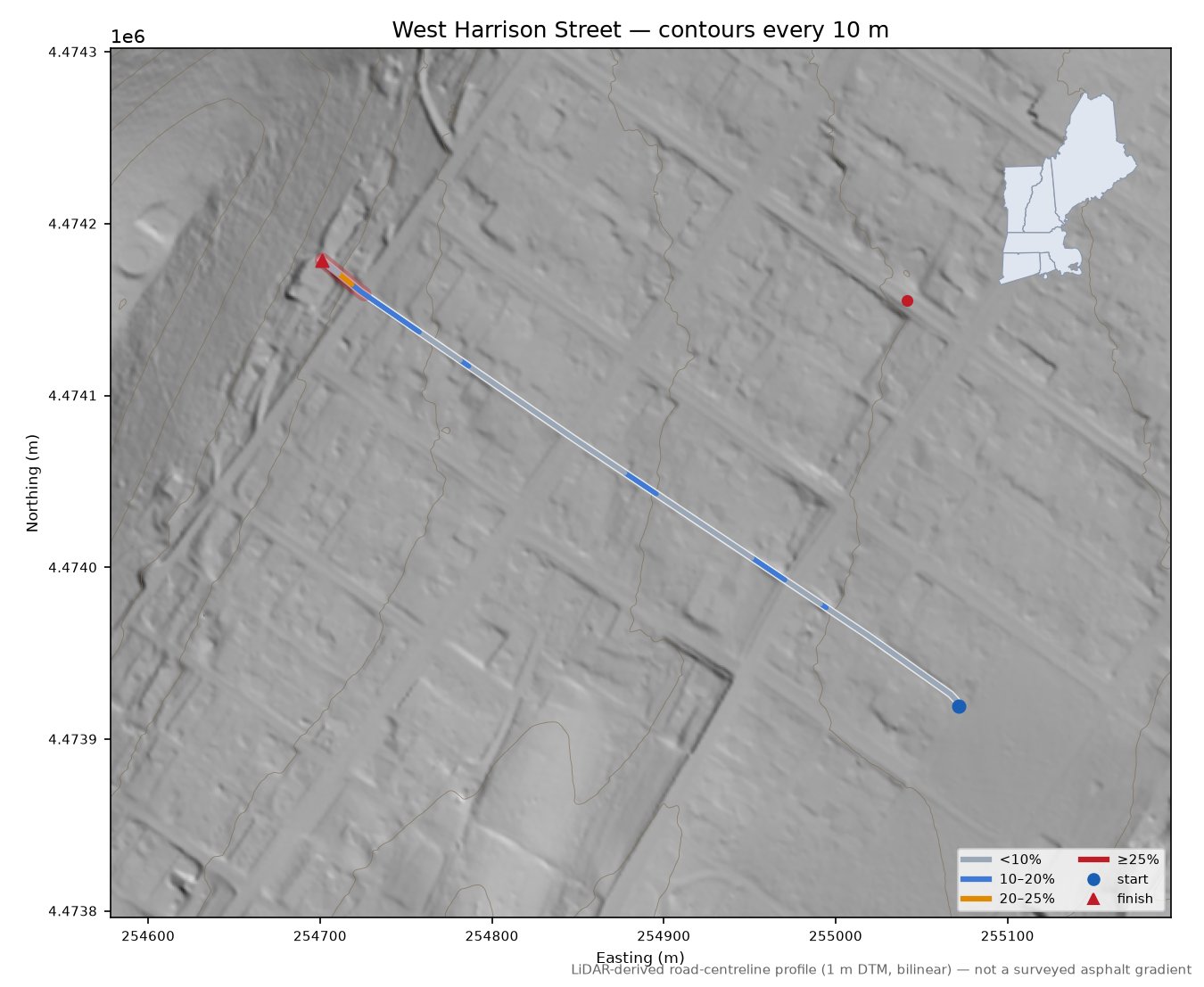 West Harrison Street LiDAR hillshade map with contours