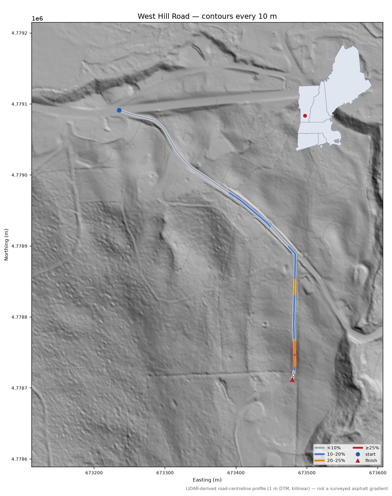 West Hill Road LiDAR hillshade map with contours