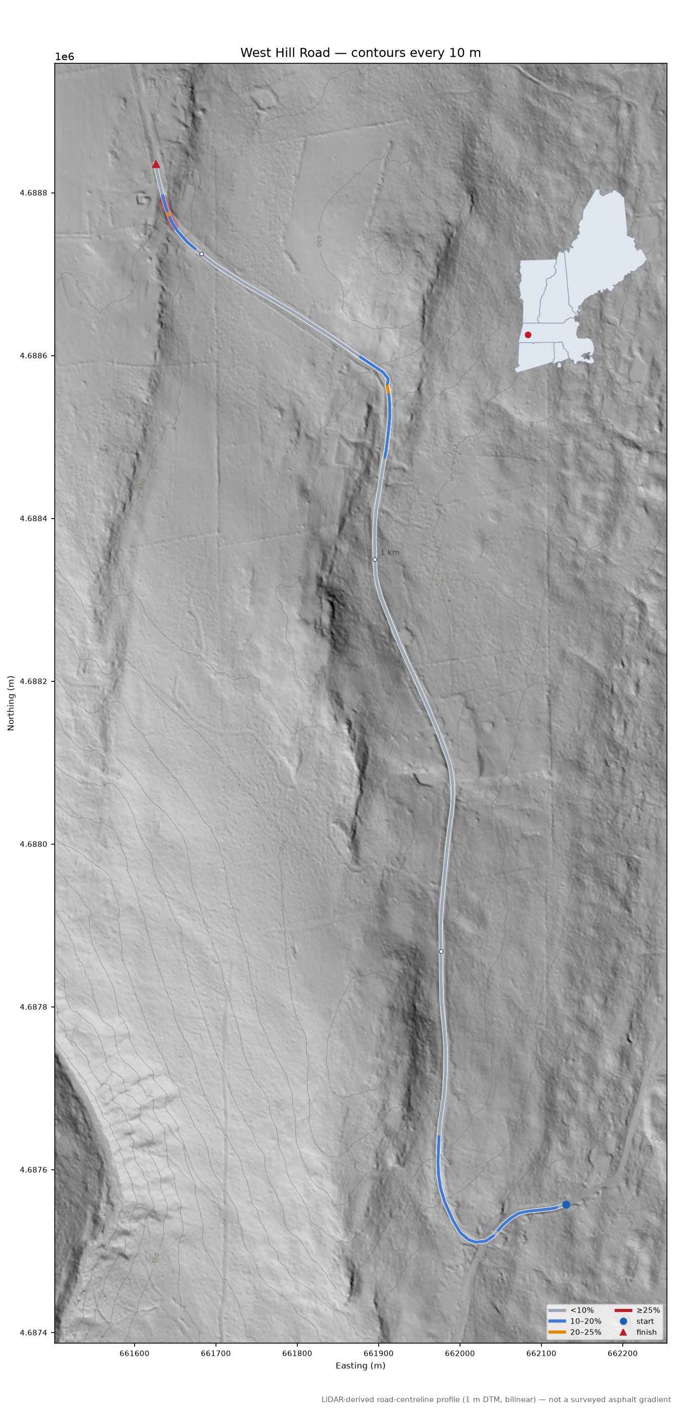 West Hill Road LiDAR hillshade map with contours