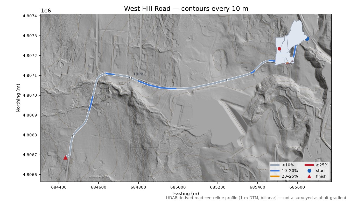 West Hill Road LiDAR hillshade map with contours