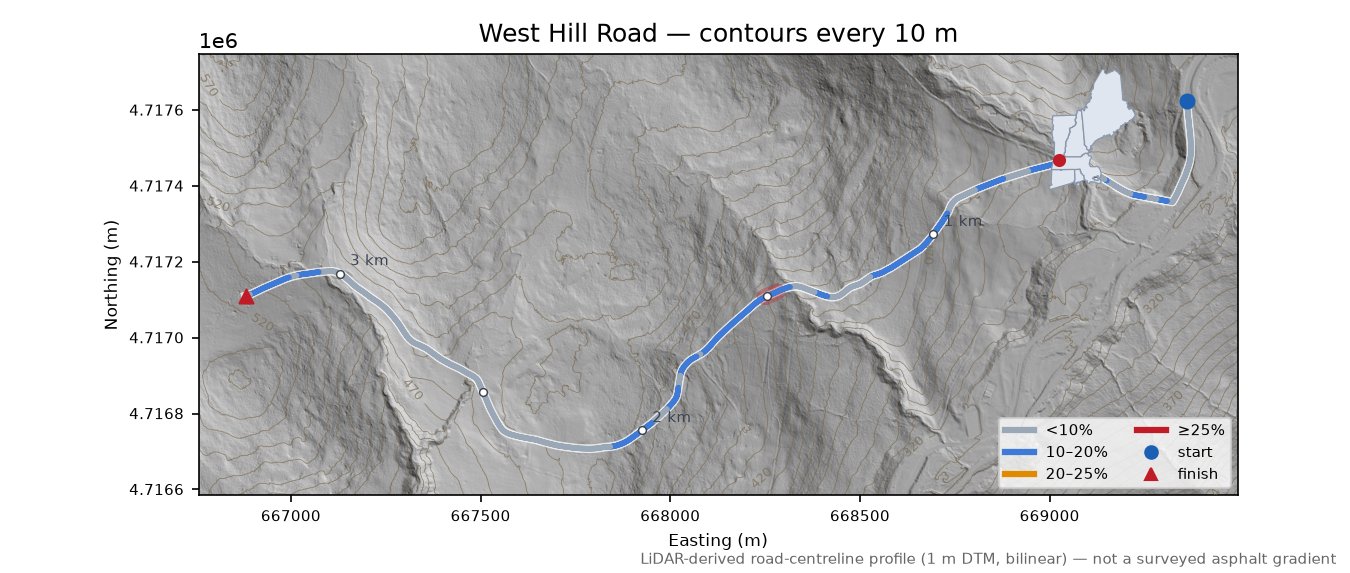 West Hill Road LiDAR hillshade map with contours