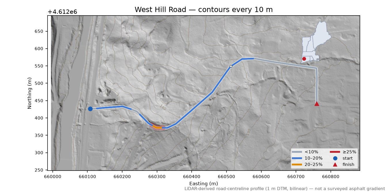 West Hill Road LiDAR hillshade map with contours
