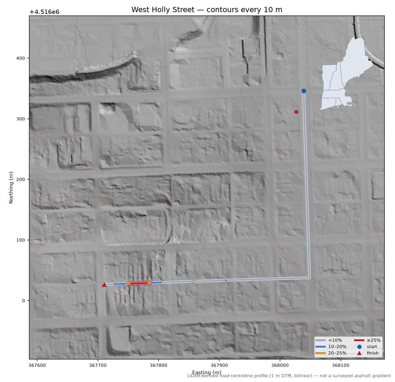 West Holly Street LiDAR hillshade map with contours