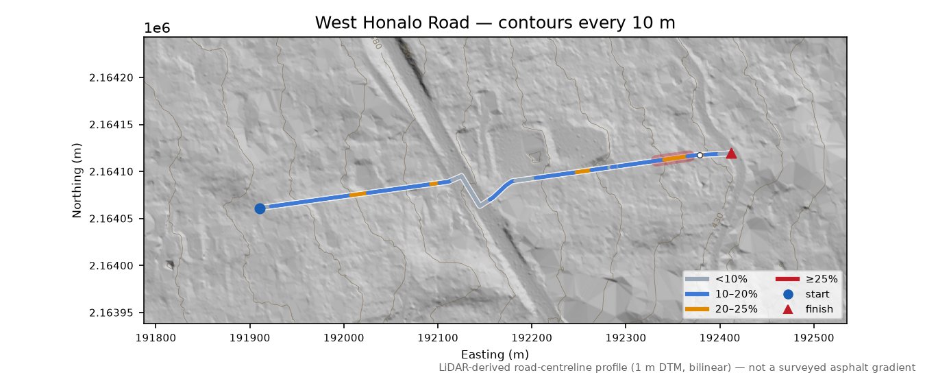 West Honalo Road LiDAR hillshade map with contours