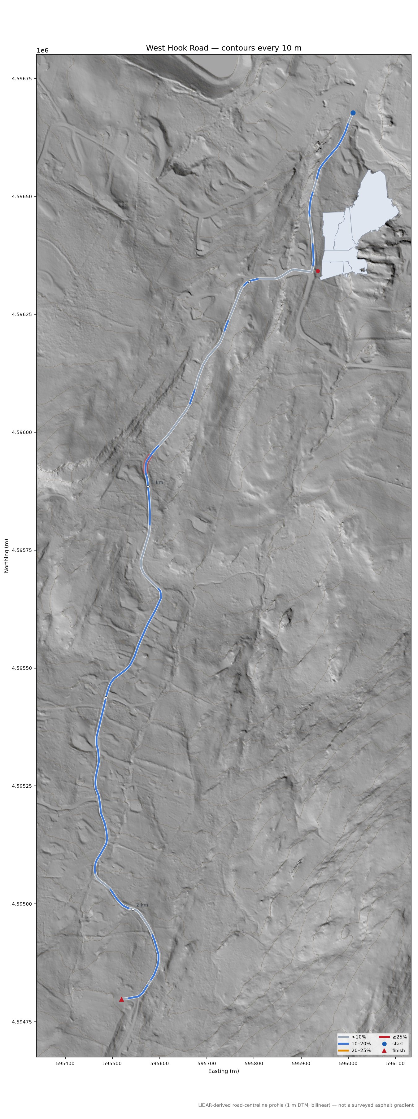 West Hook Road LiDAR hillshade map with contours