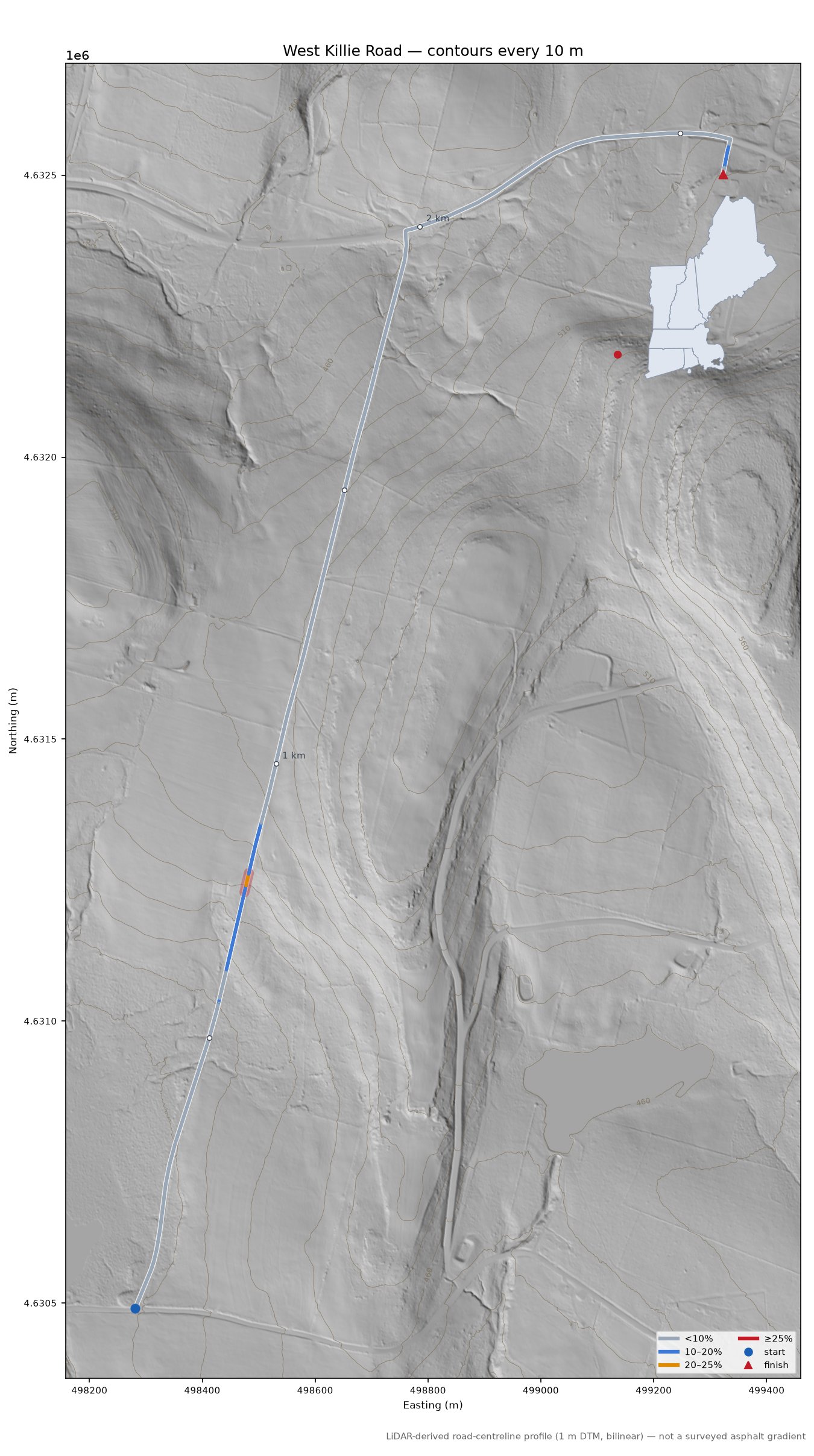 West Killie Road LiDAR hillshade map with contours