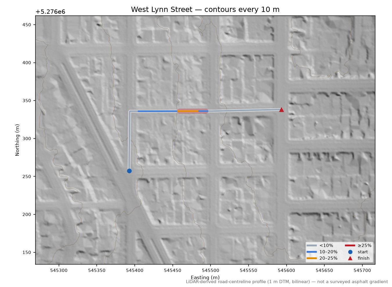 West Lynn Street LiDAR hillshade map with contours