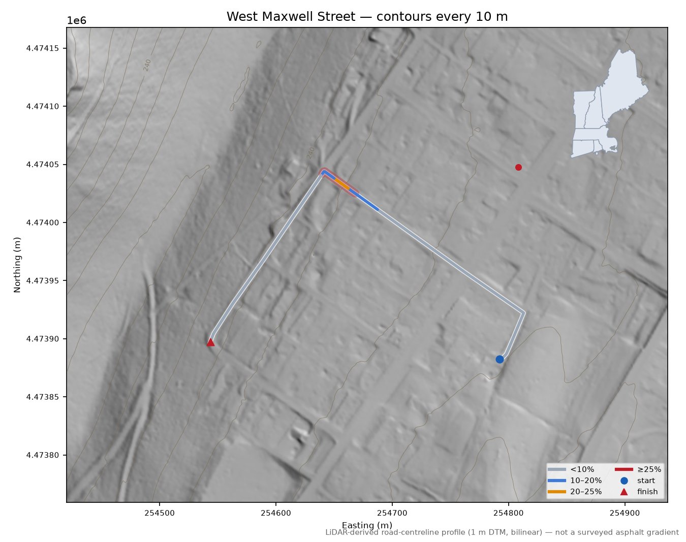 West Maxwell Street LiDAR hillshade map with contours