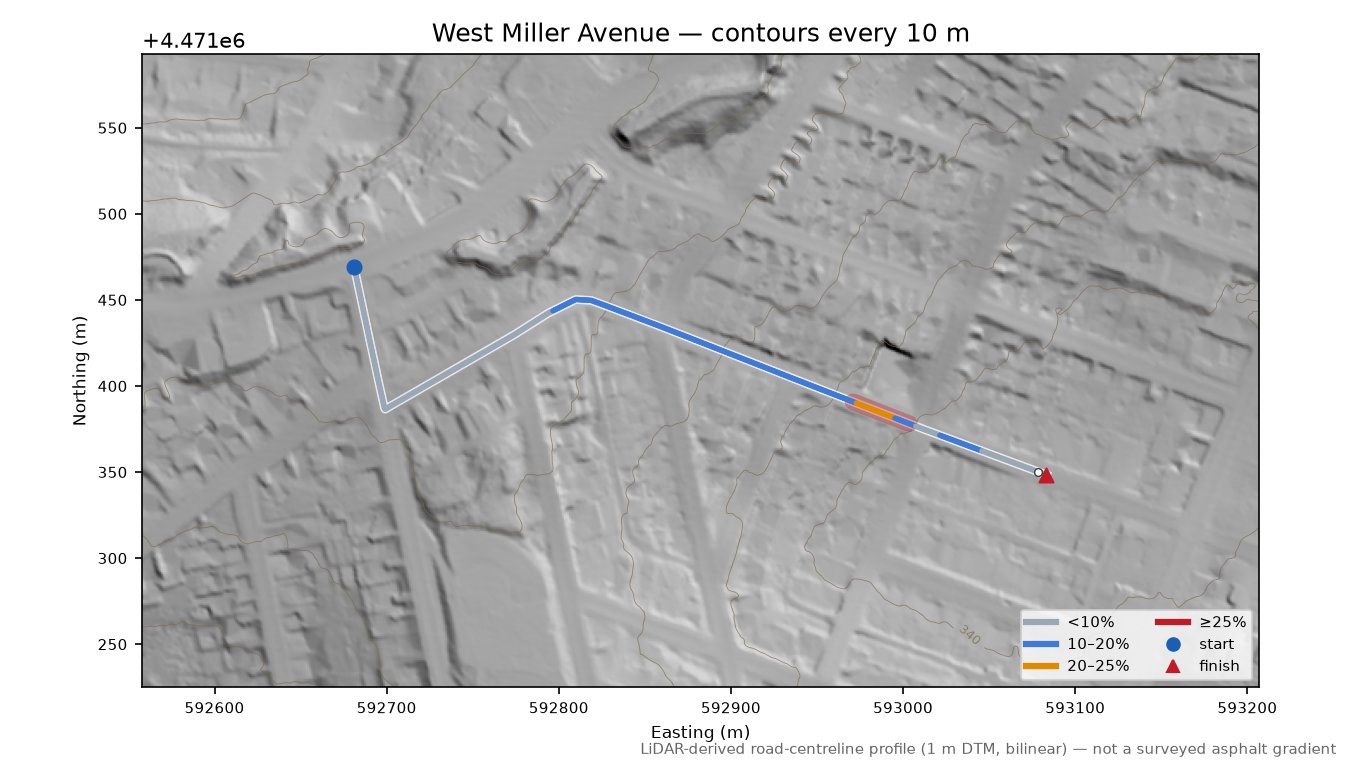 West Miller Avenue LiDAR hillshade map with contours