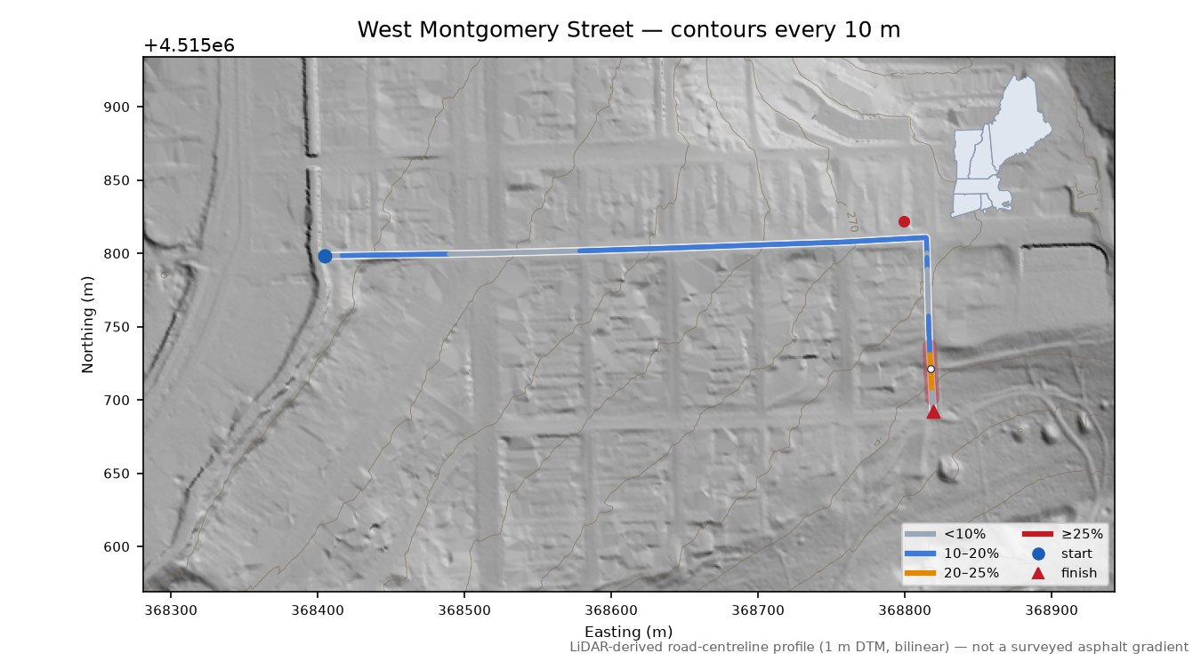 West Montgomery Street LiDAR hillshade map with contours