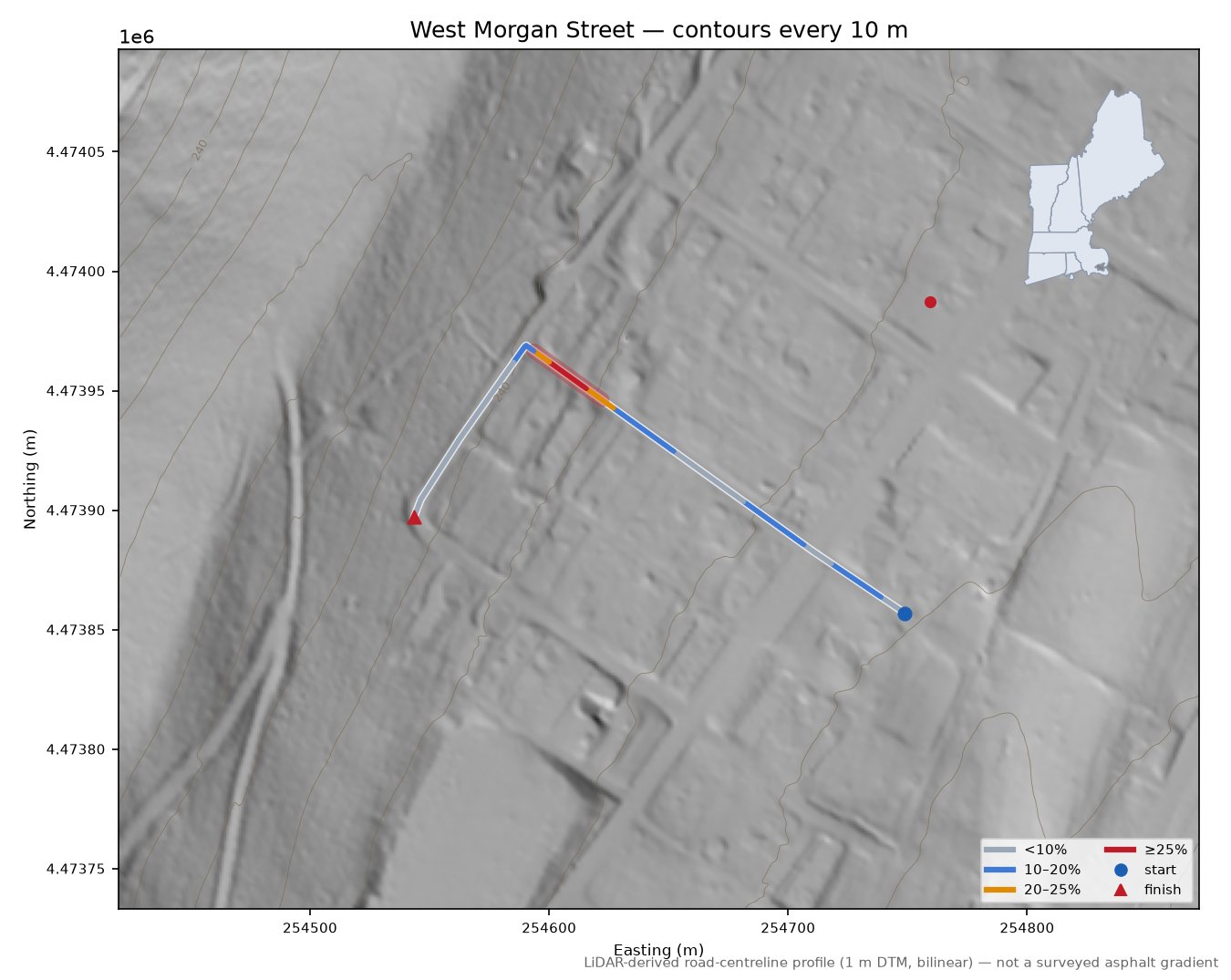 West Morgan Street LiDAR hillshade map with contours