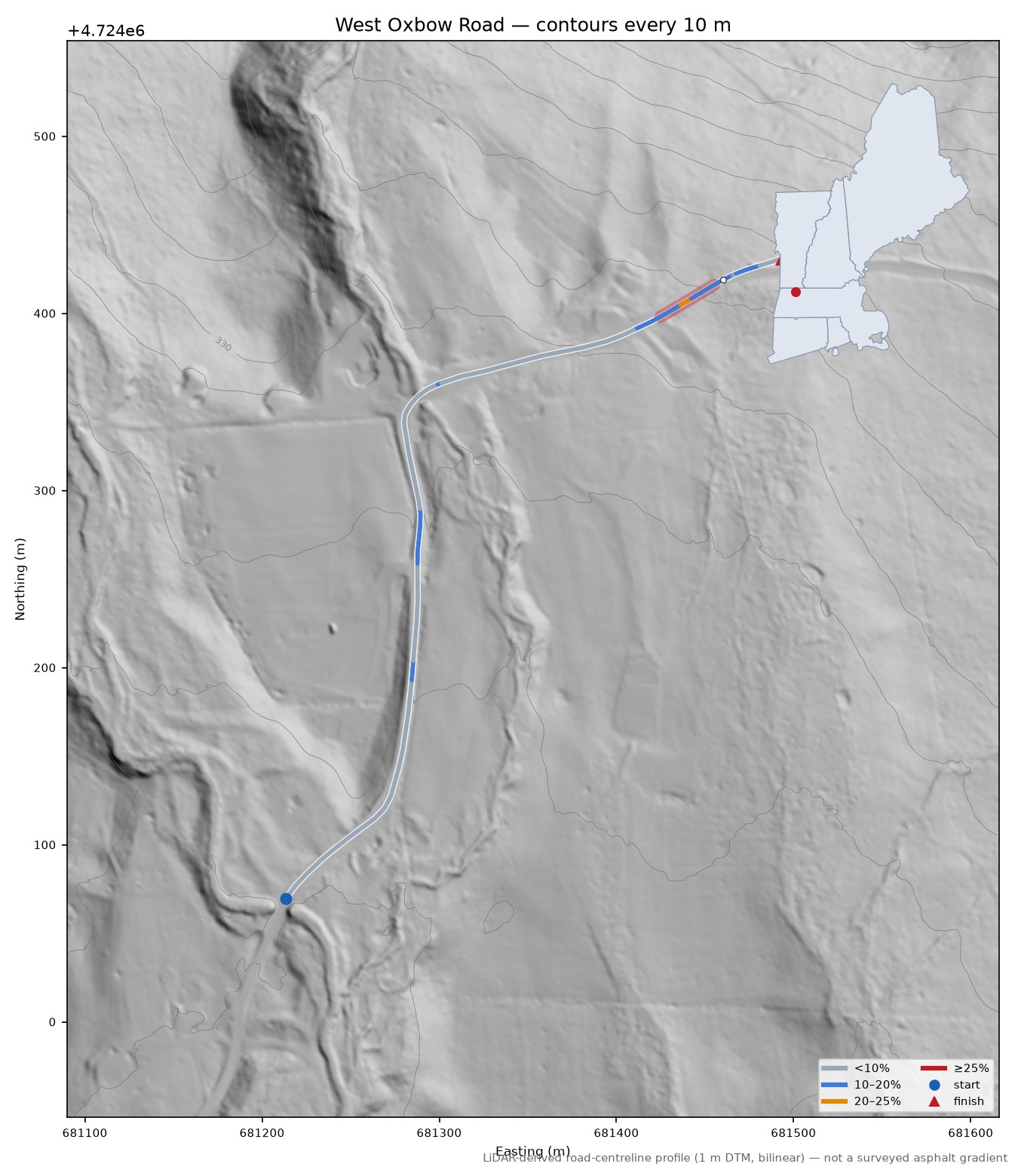 West Oxbow Road LiDAR hillshade map with contours