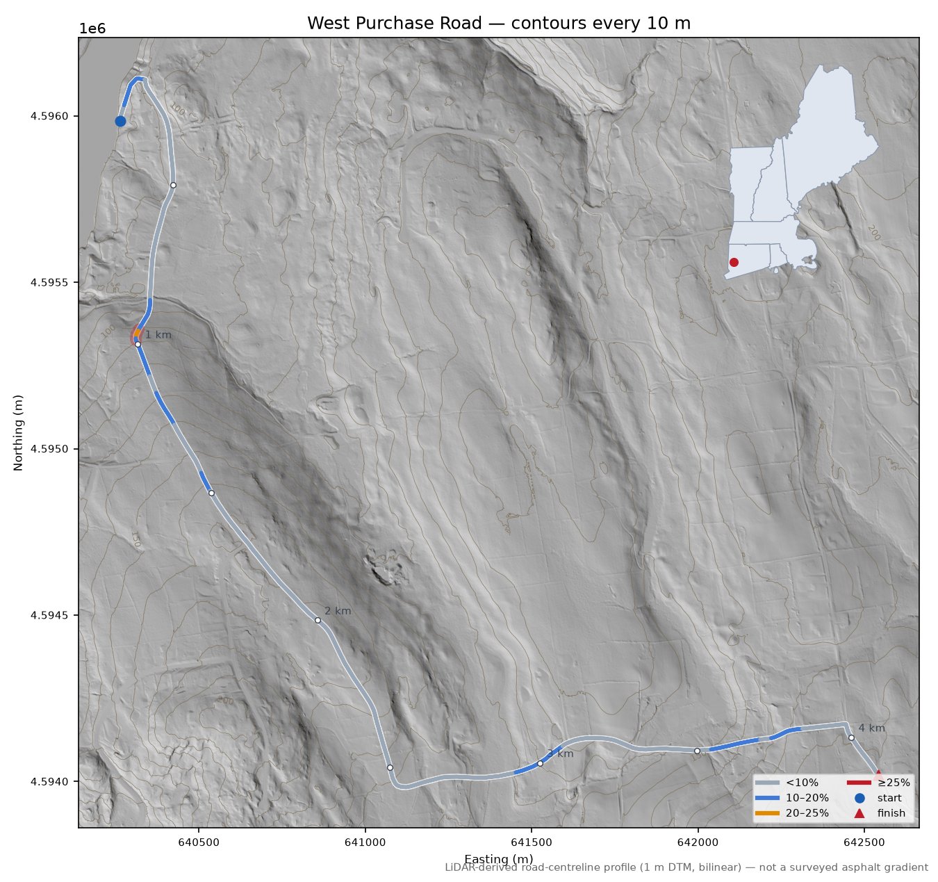 West Purchase Road LiDAR hillshade map with contours